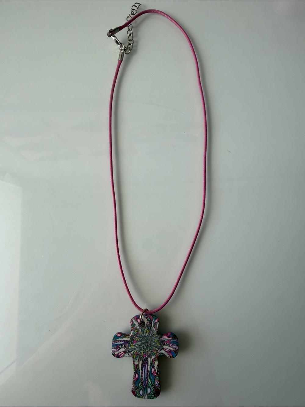 Pink Cord Necklace with Multicolor Cross Pendant